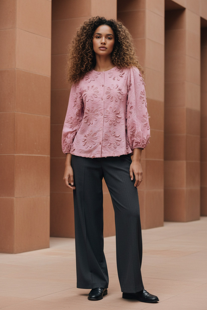 Noen Pink Petal Appliqué Top — Model Shot