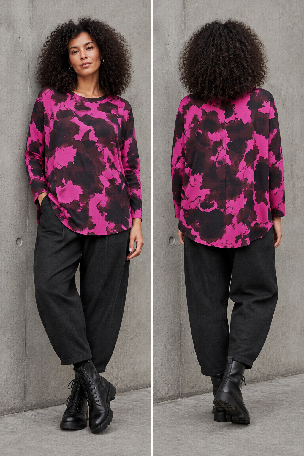 Noen pink print top styled on a model