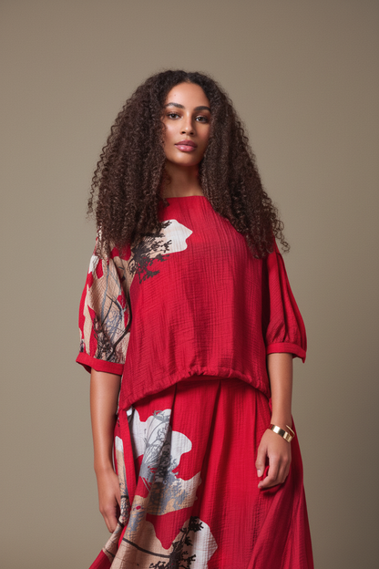 Noen Red Floral Top — Neutral Backdrop
