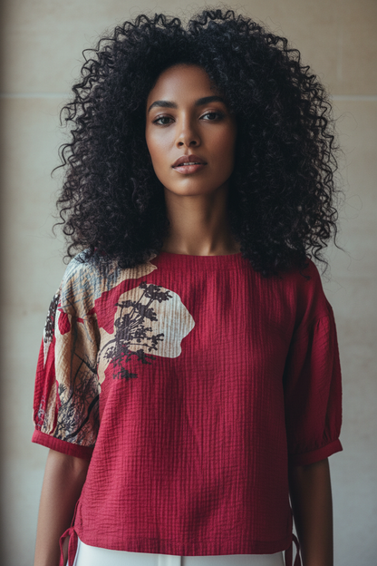 Noen Red Floral Top — Upper Body Focus