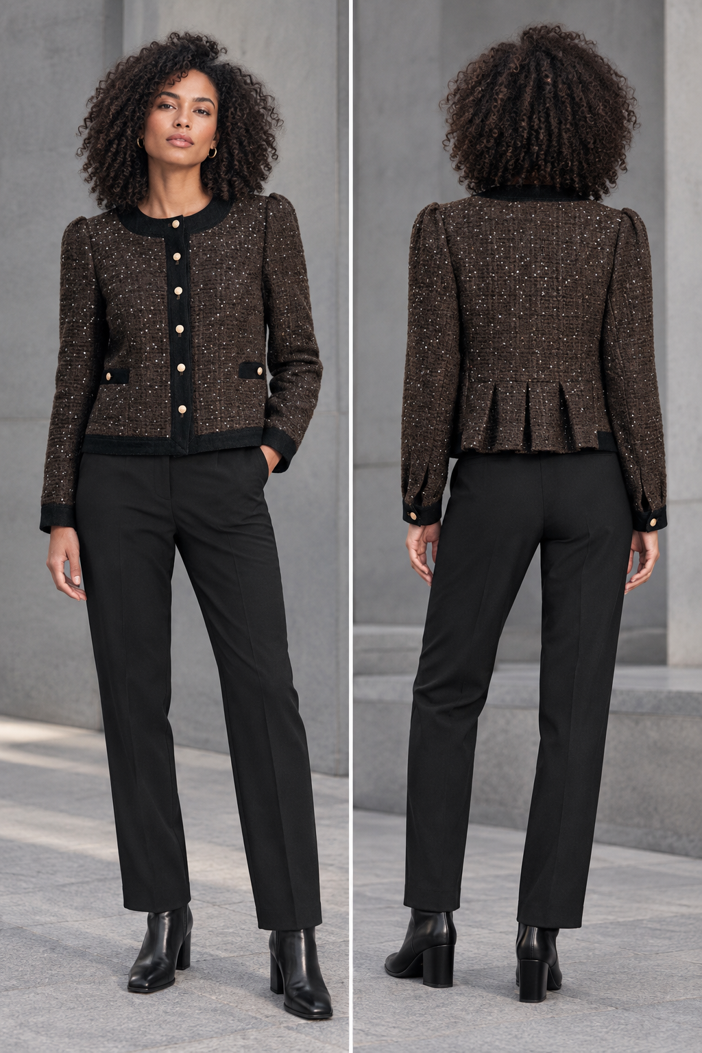 Noen sparkle jacket styled on a model, front and back