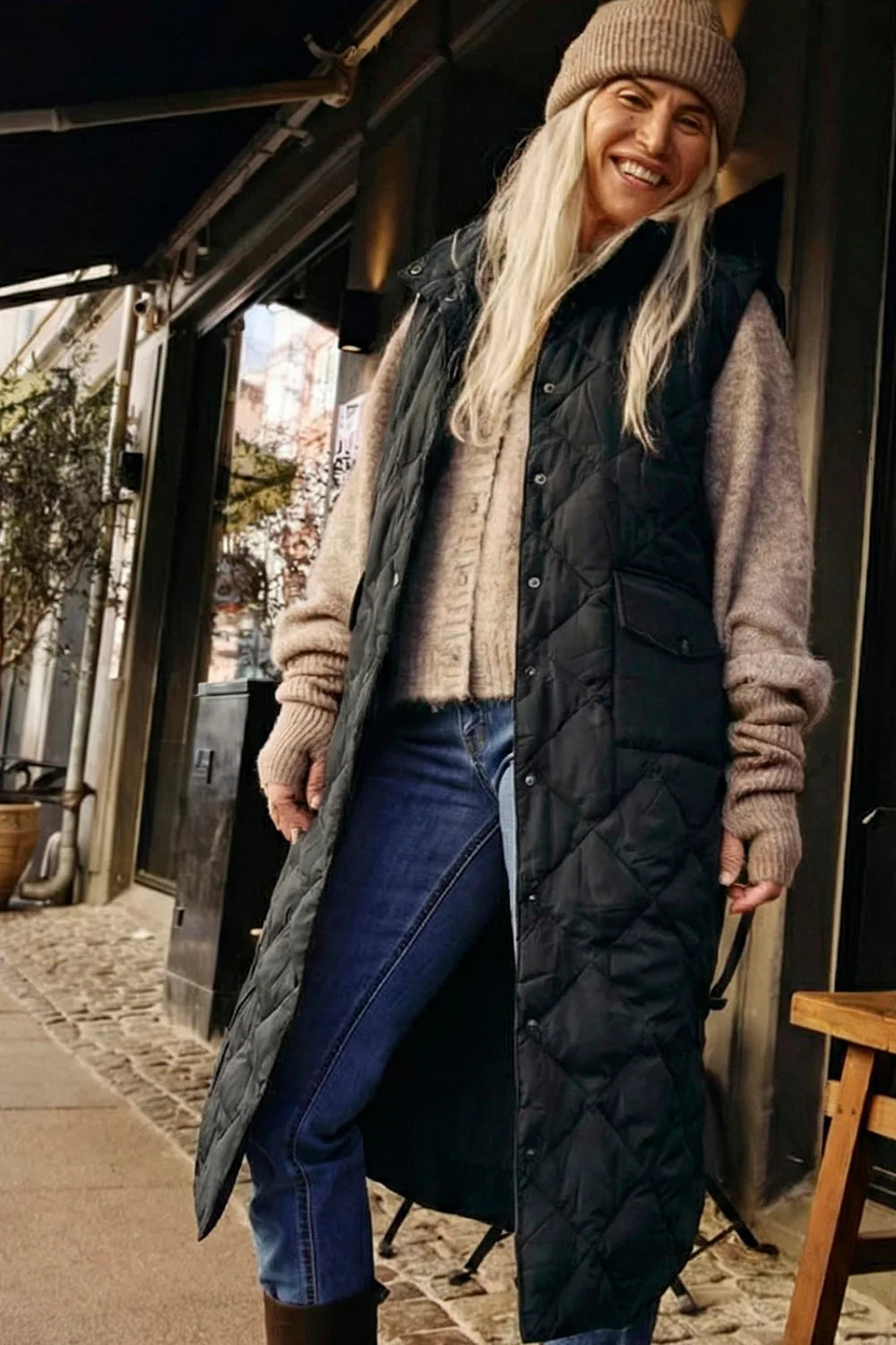 Free/Quent Olga Diamond Quilted Long Gilet 208338