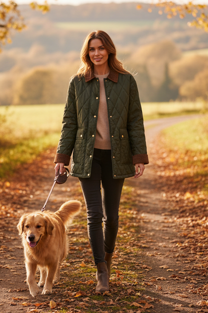 Olive quilted jacket autumn dog walk no scarf v2