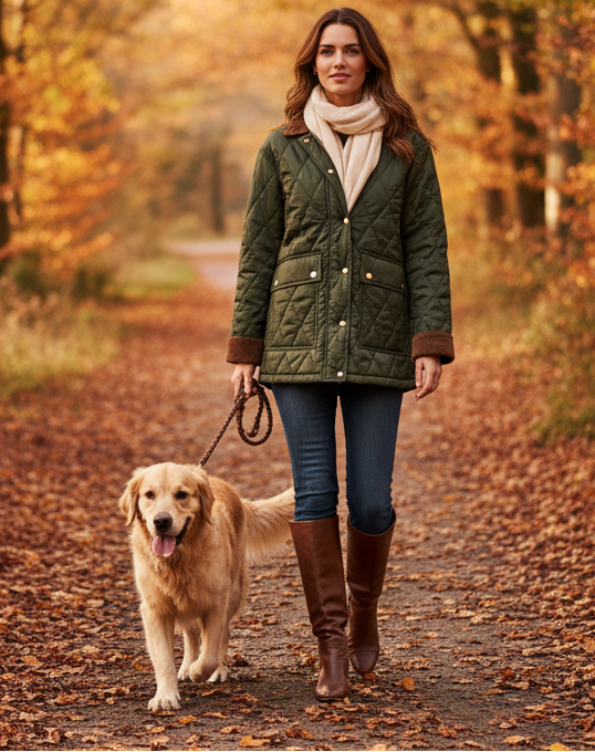 Olive quilted jacket autumn dog walk