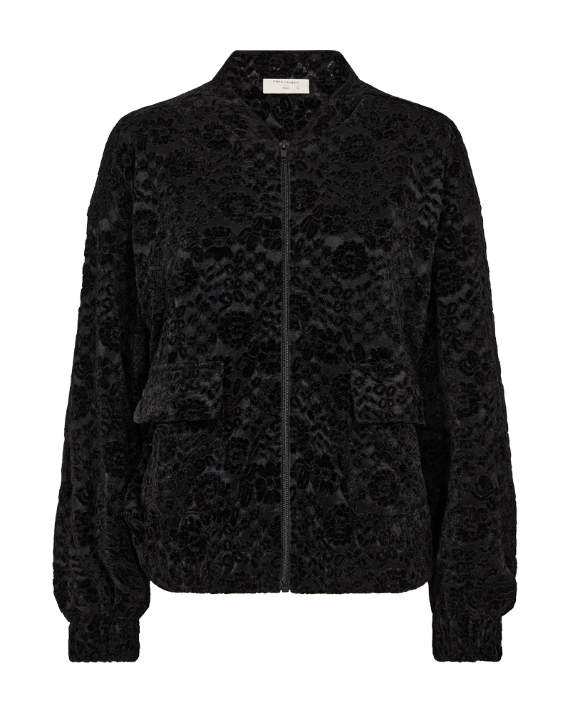FreeQuent Velvet Floral Lace bomber jacket in black