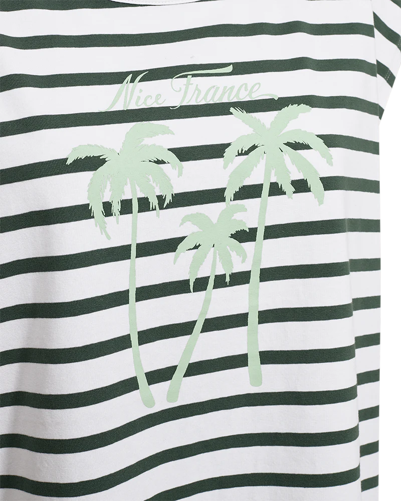 Freequent Cotton T Shirt White with Dark forest green stripe