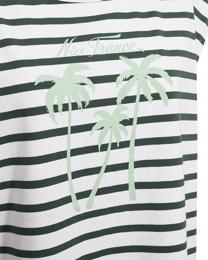 Freequent Cotton T Shirt White with Dark forest green stripe