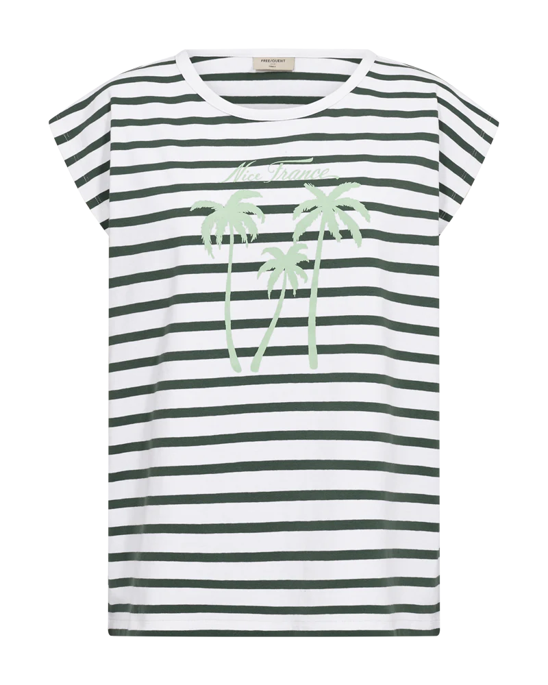 Freequent Cotton T Shirt White with Dark forest green stripe