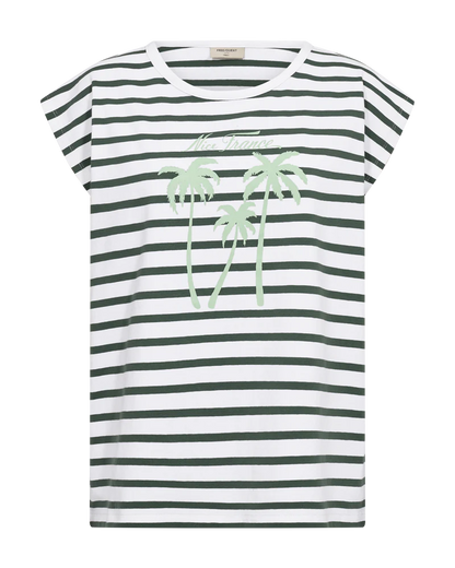 Freequent Cotton T Shirt White with Dark forest green stripe