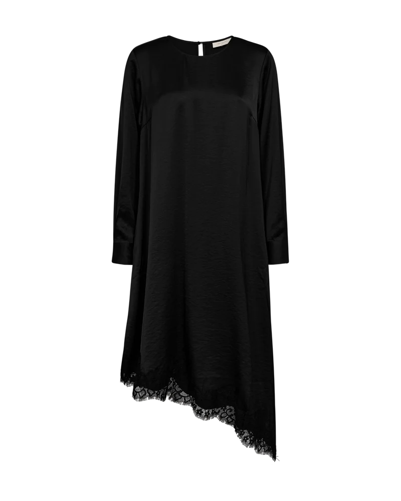 Free/Quent Black Satin Asymmetrical dress with lace trim and pockets 212266
