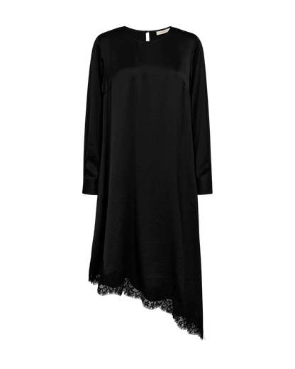 Free/Quent Black Satin Asymmetrical dress with lace trim and pockets 212266