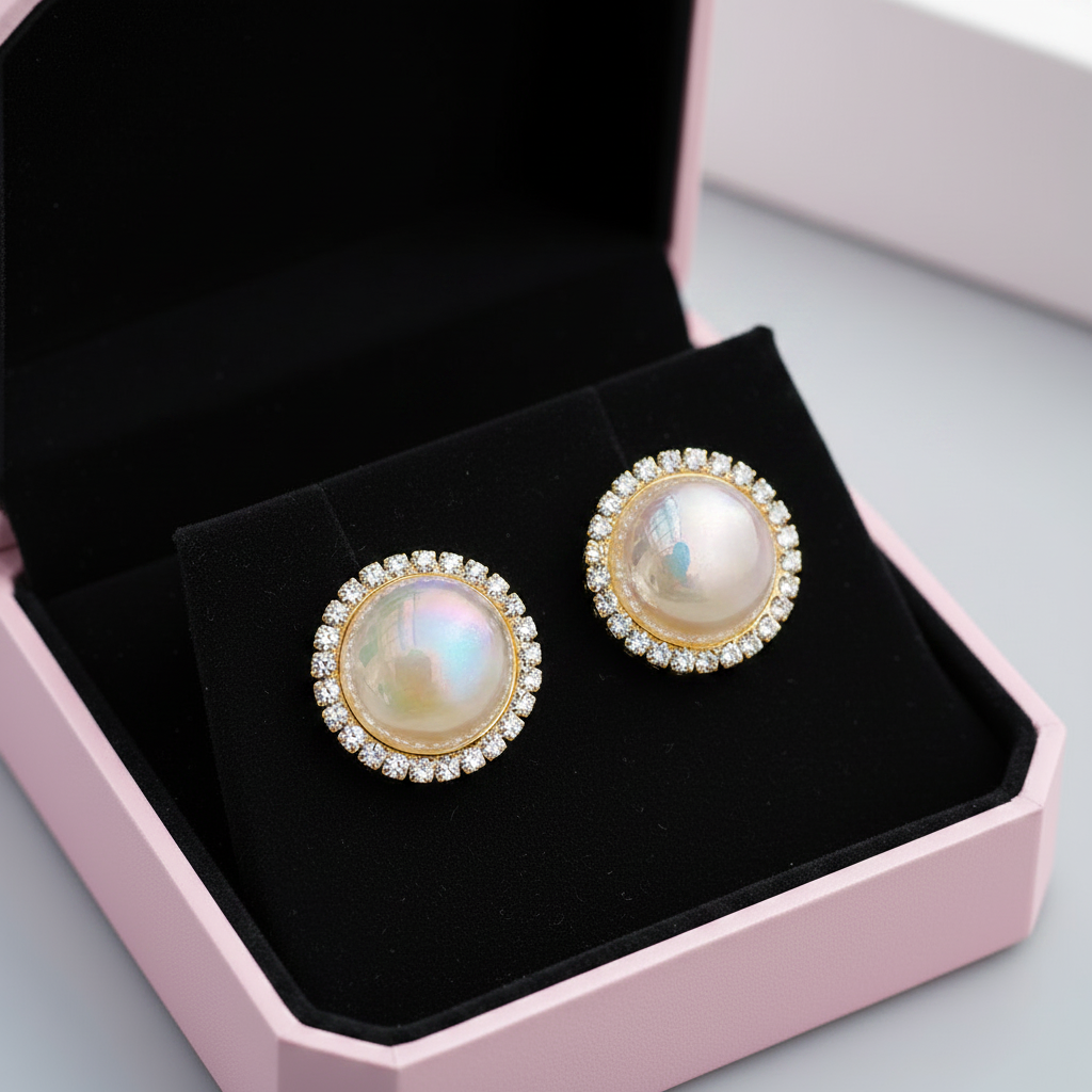 Clip on Earring iridesent pearl and gold diamante
