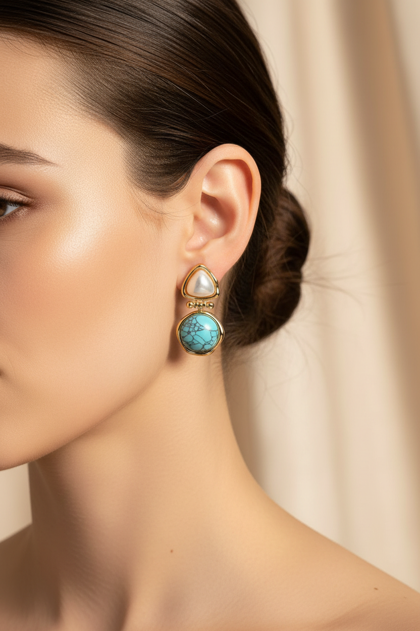 Pearl &amp; Turquoise Small Drop Earring Model