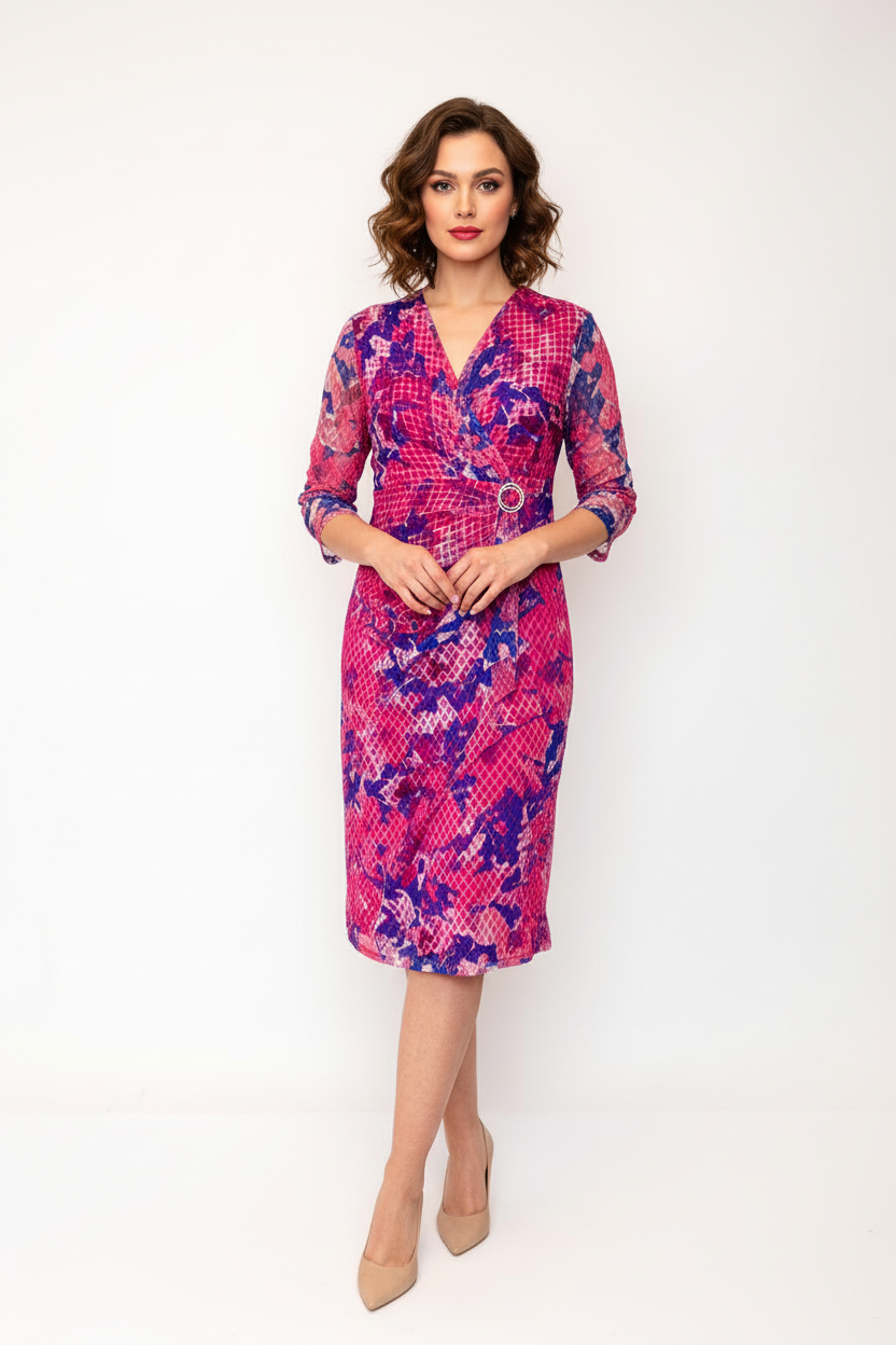 Via Veneto Mesh Abstract Print dress in Magents  V419