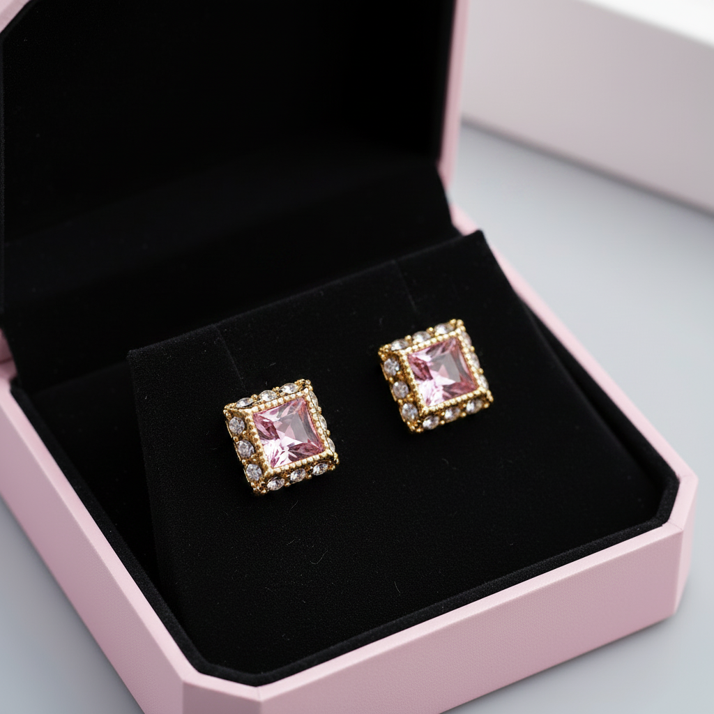 Pink Crystal Earrings in Pink Gift Box