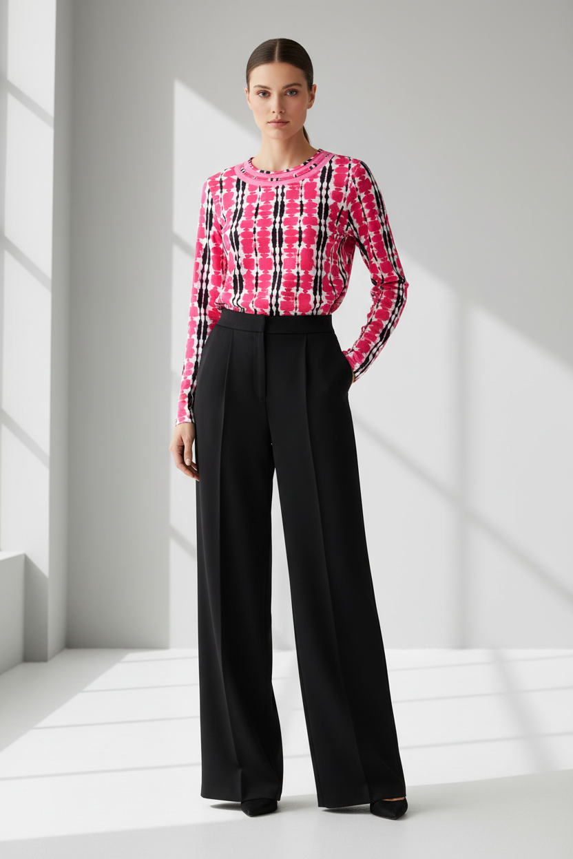 Pink Print Top Styled with Black Trousers