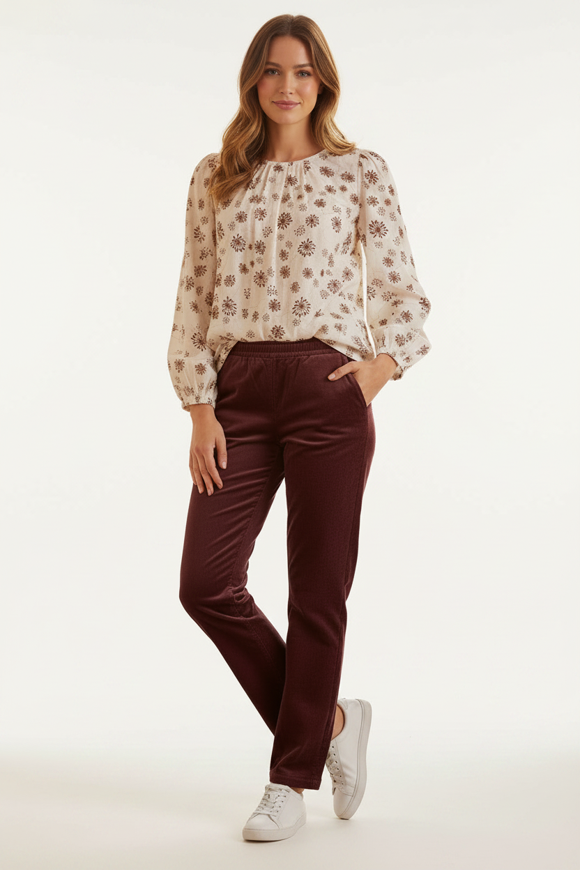 Plum Corduroy Trousers with Fransa Blouse - Clean Background