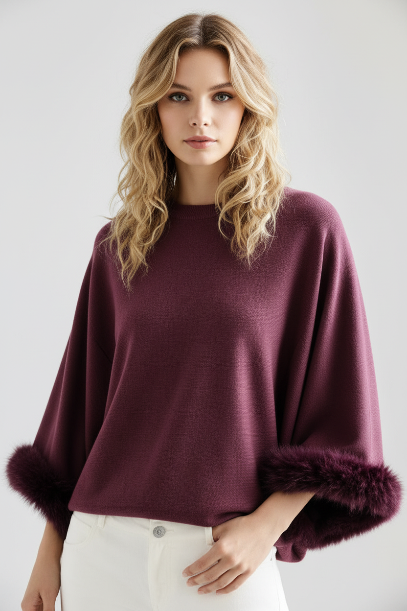 Plum knit with fur cuffs model image