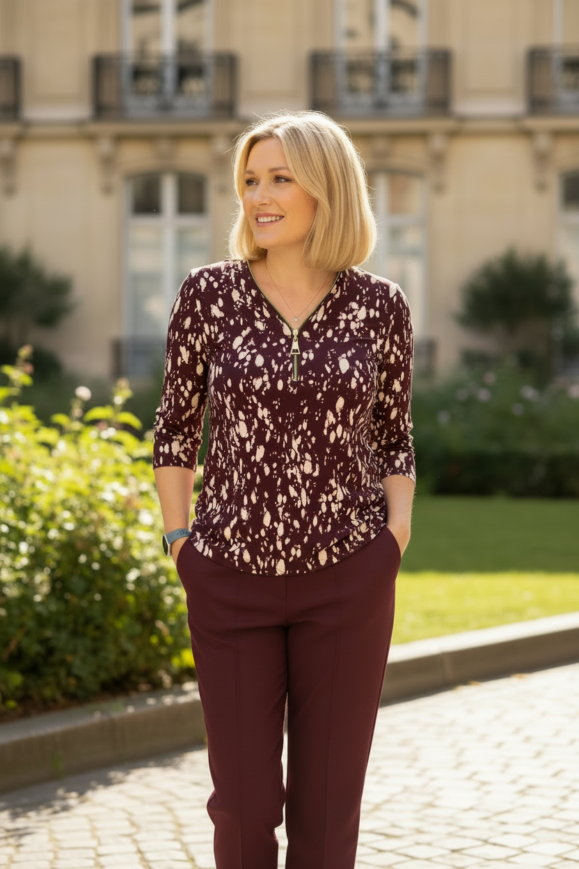 Portrait - burgundy top and trousers