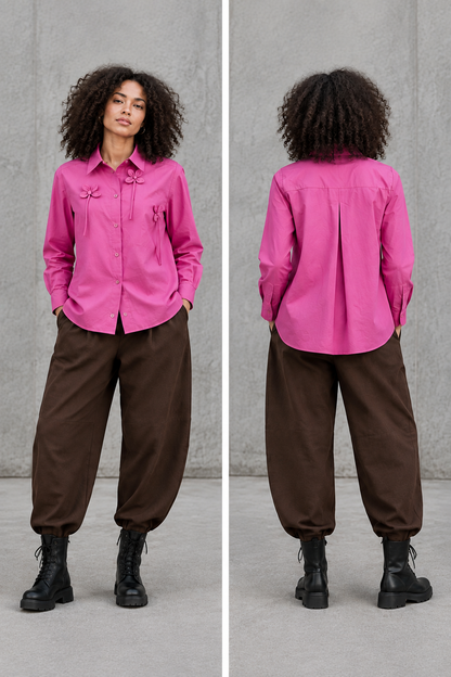 Portrait Noen flower shirt editorial, front and back views