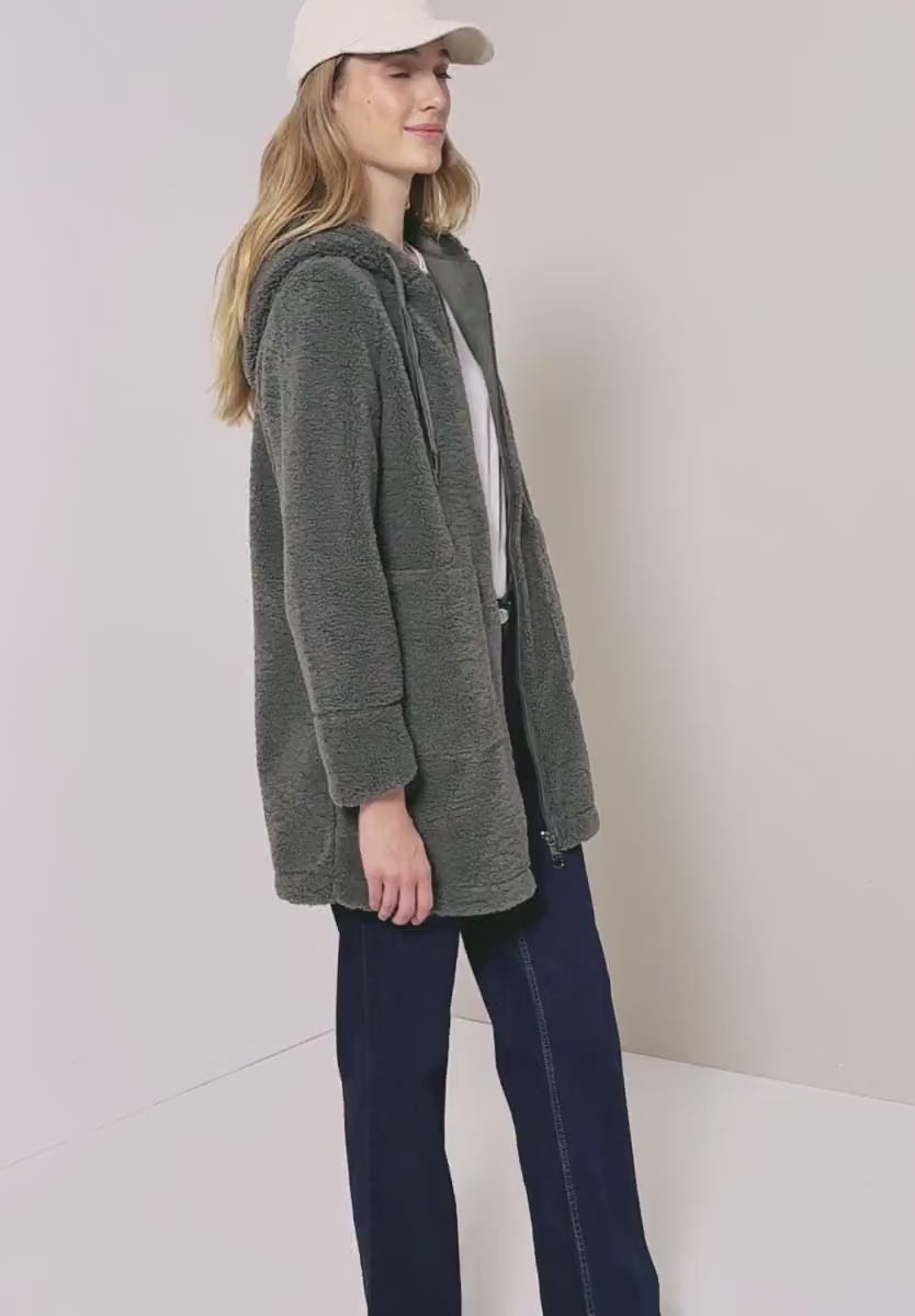Cecil cozy Teddy Coat with Full Zip and Pockets in Olive Green  101271