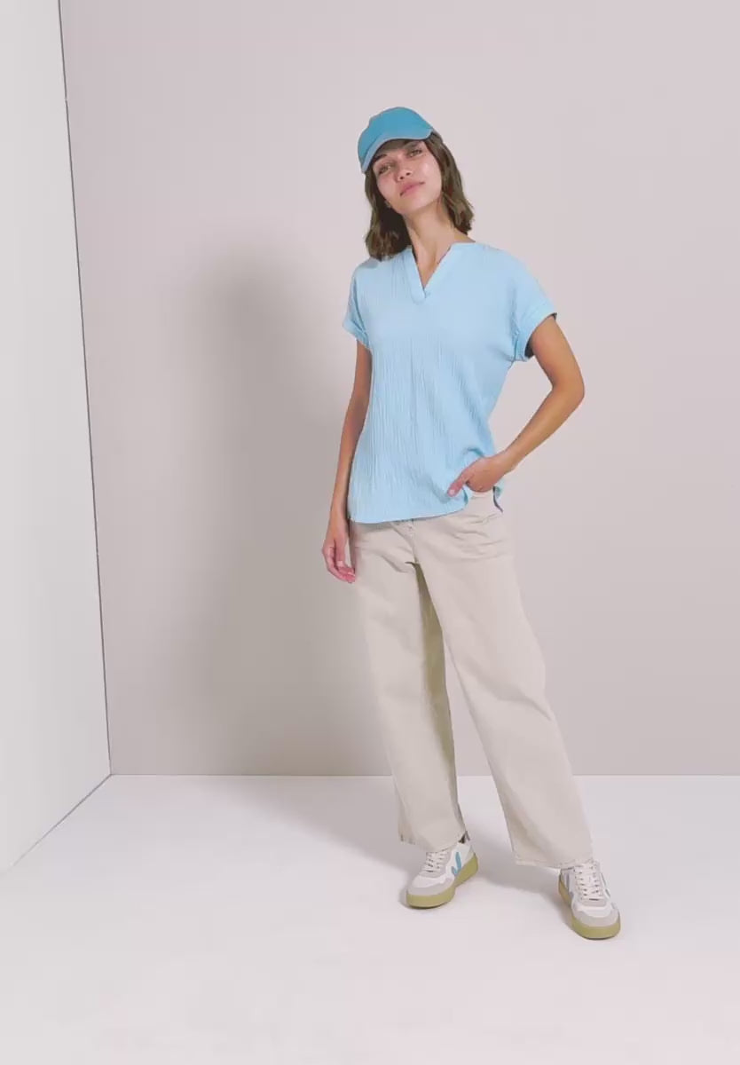 Cecil plain Sky ~Blue textured blouse with short sleeve 345990 Blue