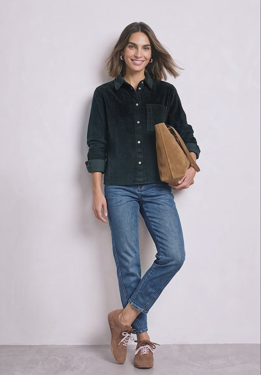 Long-sleeved shirt blouse with corduroy blend in Deep Green