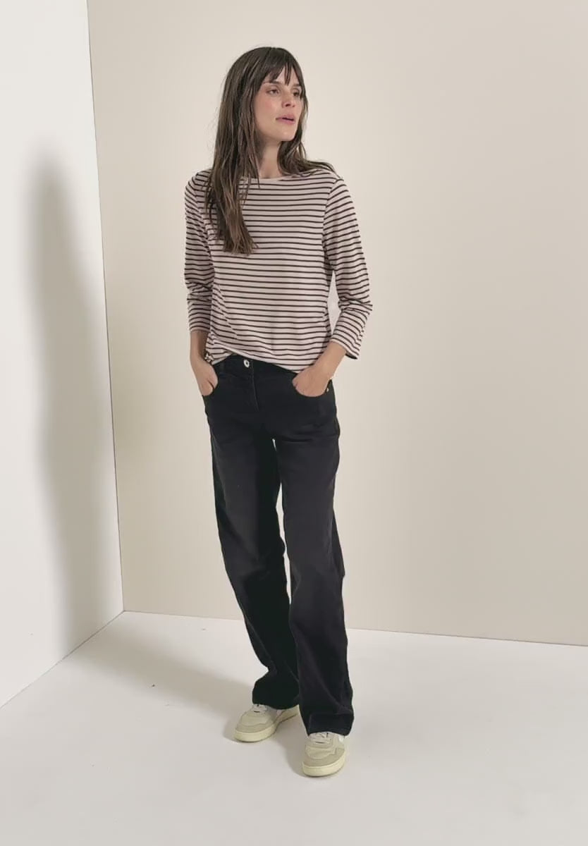 Cecil Cotton blend Stripe T Shirt with 3/4 sleeve Navy or Beige 324053