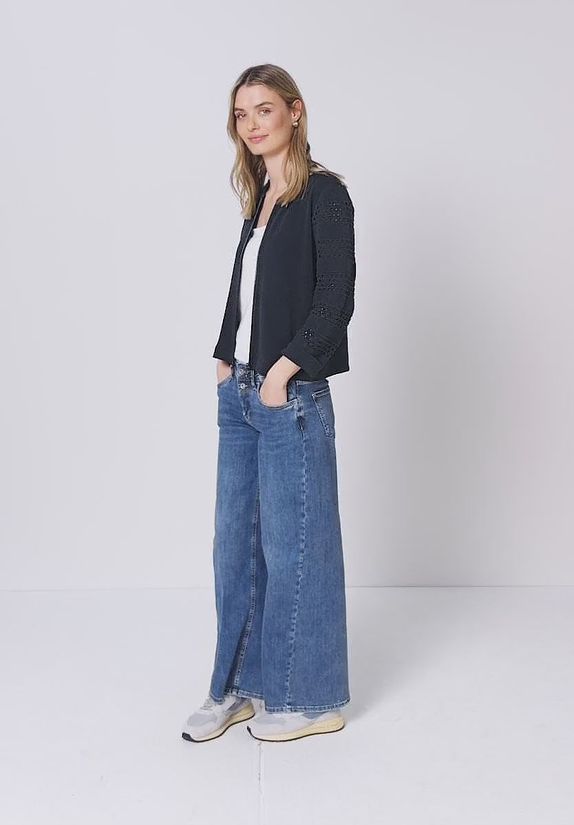 Street One Zip soft jacket with crochet look sleeves in Navy or Beige 324795