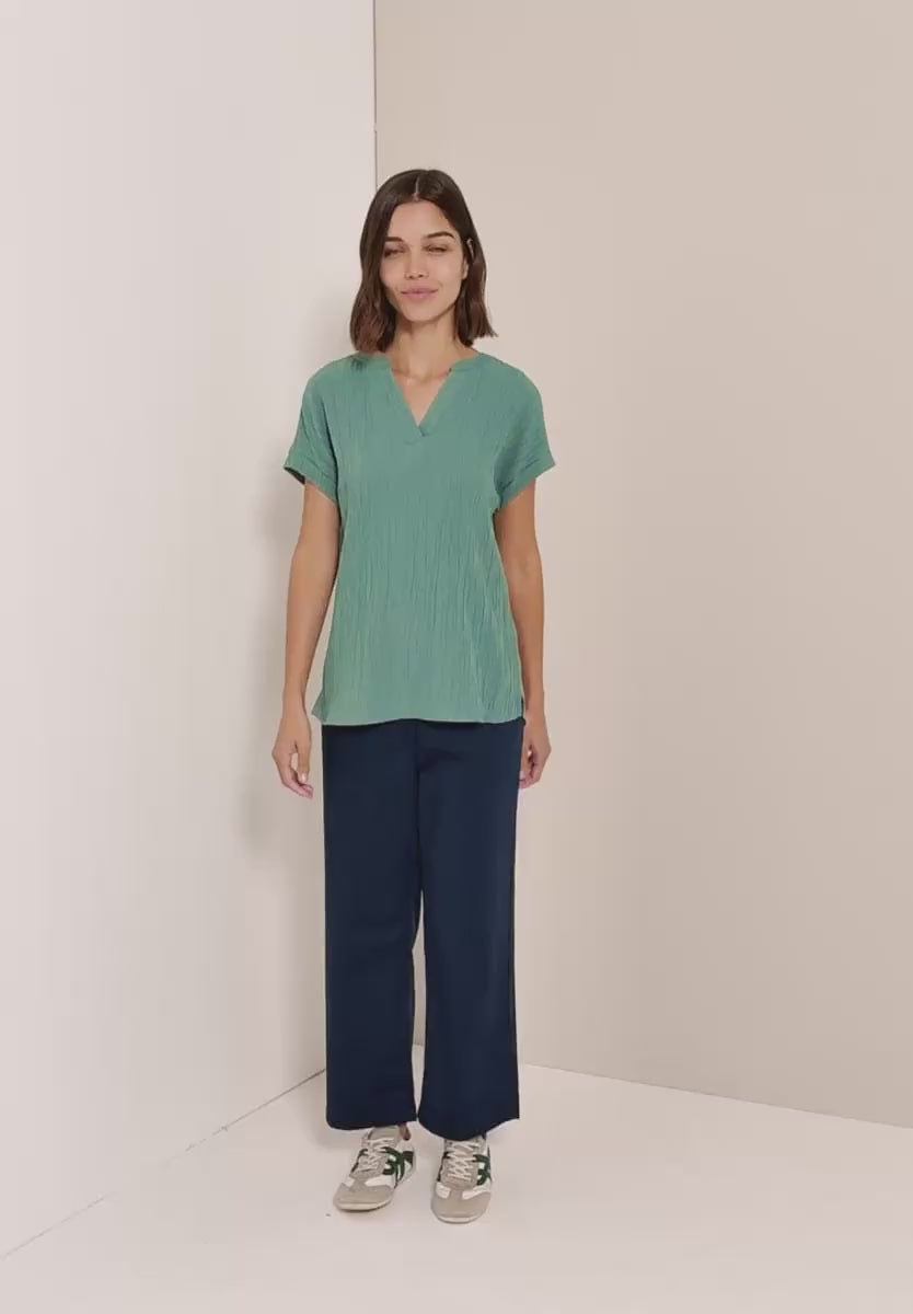 Cecil plain Jewel Green textured blouse with short sleeve 345990