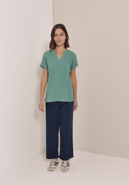 Cecil plain Jewel Green textured blouse with short sleeve 345990