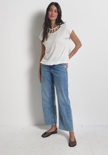Street One linen look t shirt with cut out neckline white 323562