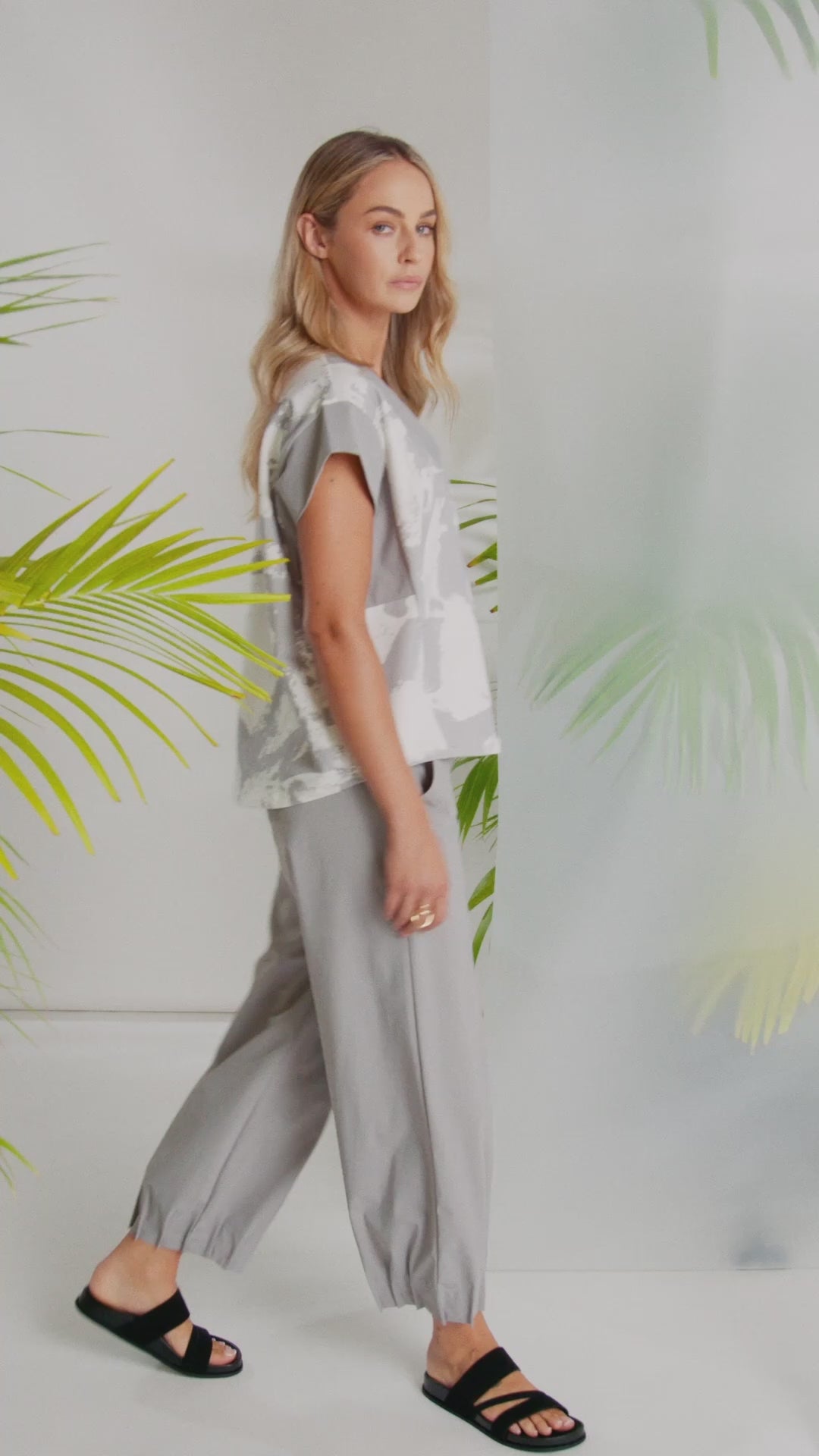 Naya Taupe Graphic Print Square Shape Vee Neck Top With Contrast Panels Nas26248