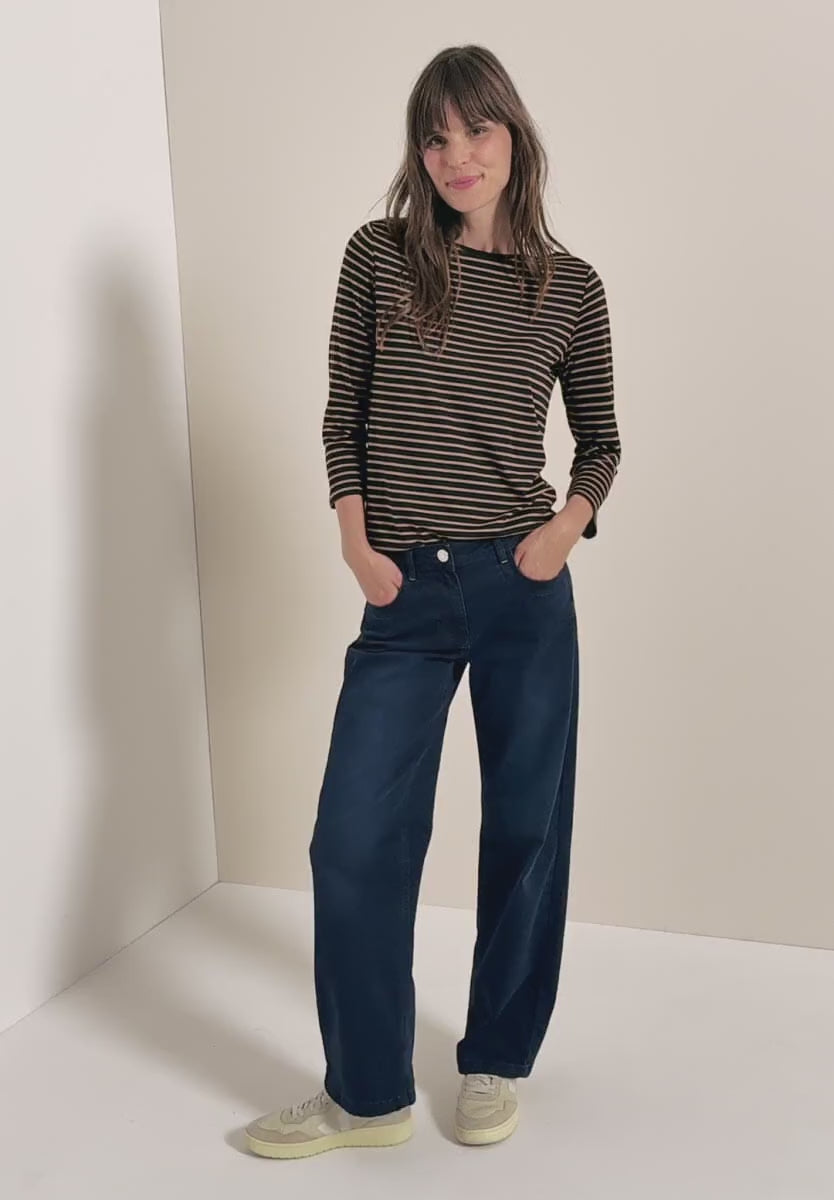 Cecil Cotton blend Stripe T Shirt with 3/4 sleeve Navy or Beige 324053