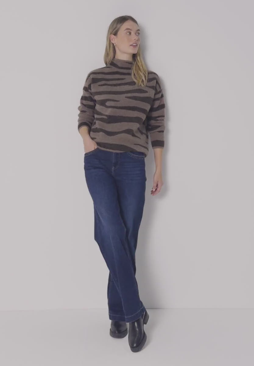 Street One fluffy turtle neck jumper in Brown Zebra Print