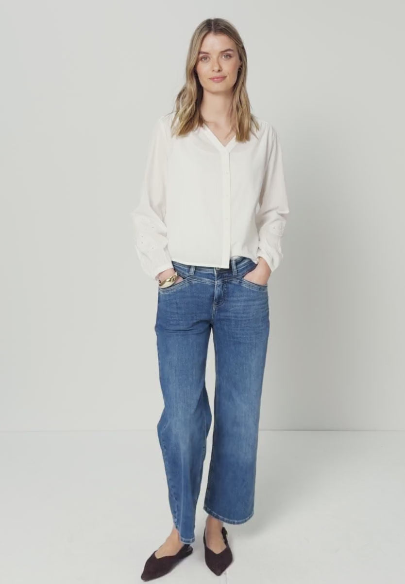 Street One Cotton white V Neck shirt with embroidery sleeve  346432