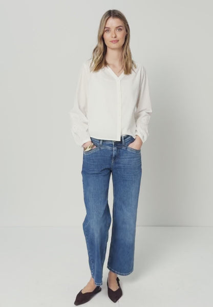 Street One Cotton white V Neck shirt with embroidery sleeve  346432
