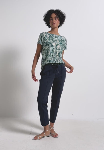 Street One snake print top with drawstring in calm autumn tones of blue  323735