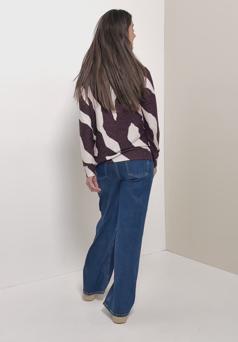 Cecil Cozy Feel Cowl neck top in Ecru and Eggplant red 324156