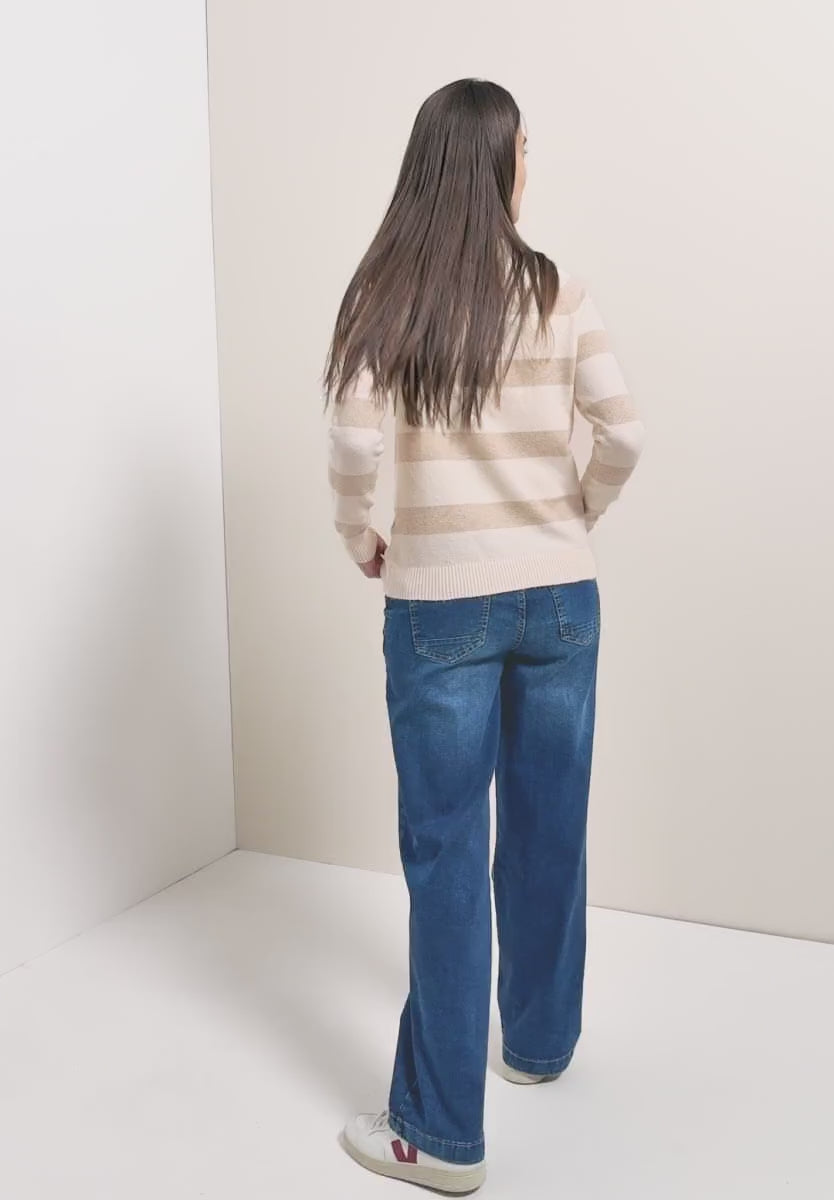 Cecil 1/4 Zip stripe knit in Navy or Beige  303753