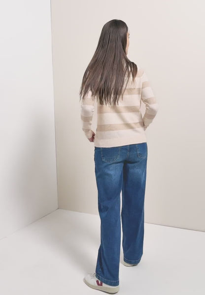 Cecil 1/4 Zip stripe knit in Navy or Beige  303753