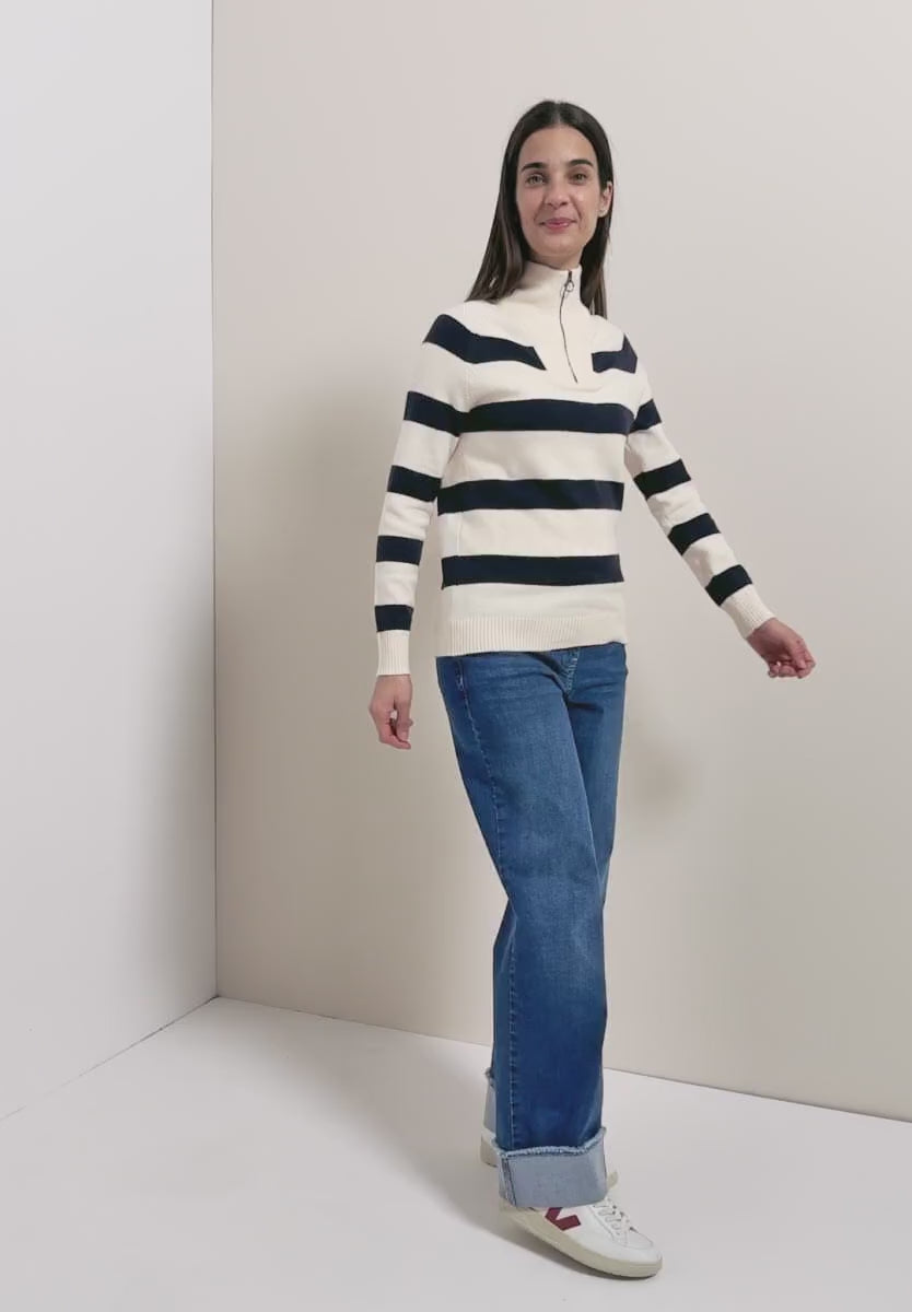 Cecil 1/4 Zip stripe knit in Navy or Beige  303753