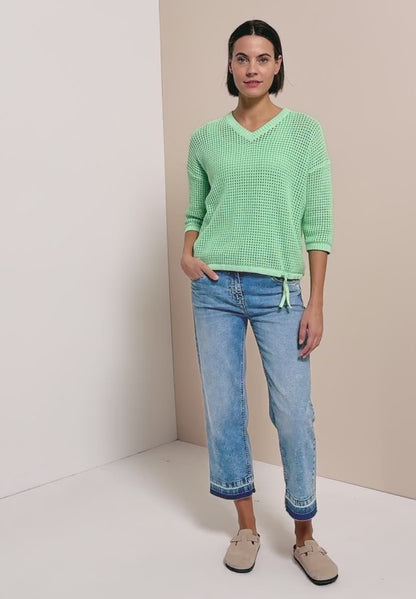 Cecil V Neck Short Sleeve crochet look knit with drawstring 33864