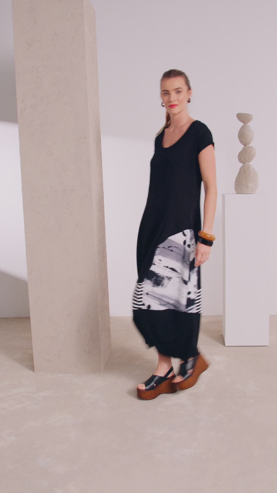 Naya Black and White Round Neck dress with contrast section Nas25140