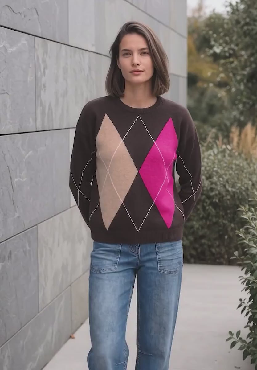 Cecil Sweater with round neck and argyle pattern in truffle brown 304174