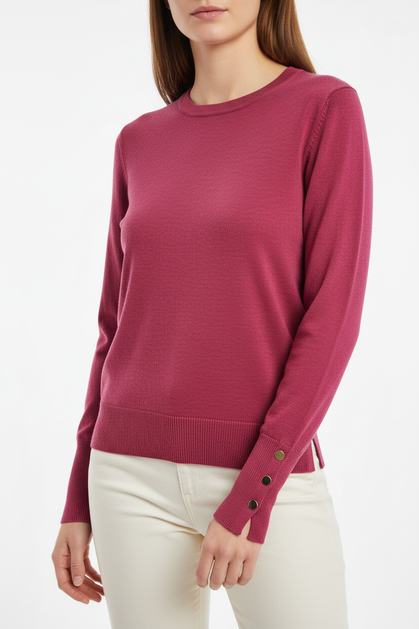 Raspberry knit - cuff split with 3 gold buttons