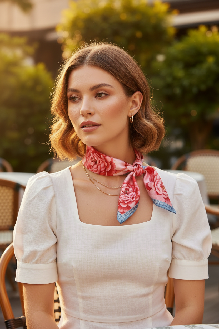 Red Pink Peony Neckerchief Model