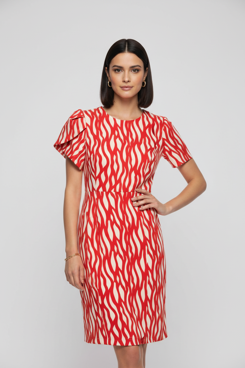 Red wave pattern dress on model with detailed sleeves