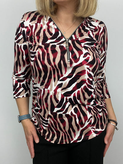 Black and Red print Zip top with 3/4 sleeves