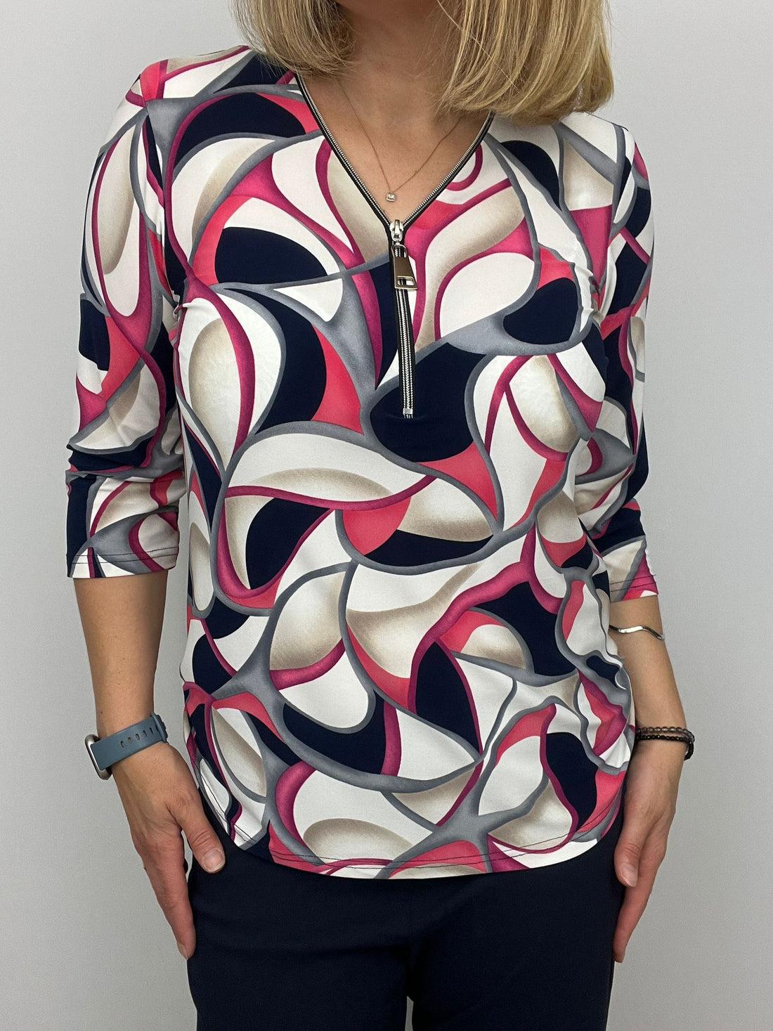 Pink and Navy Print Zip Top with 3/4 sleeves